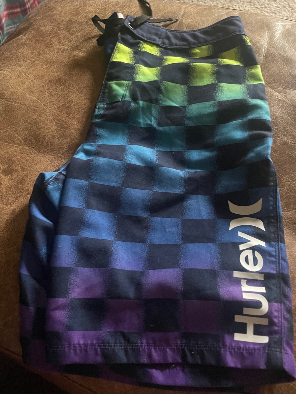 Hurley Men's Gradient Checkerboard Swim Shorts in Blue, Green, Purple